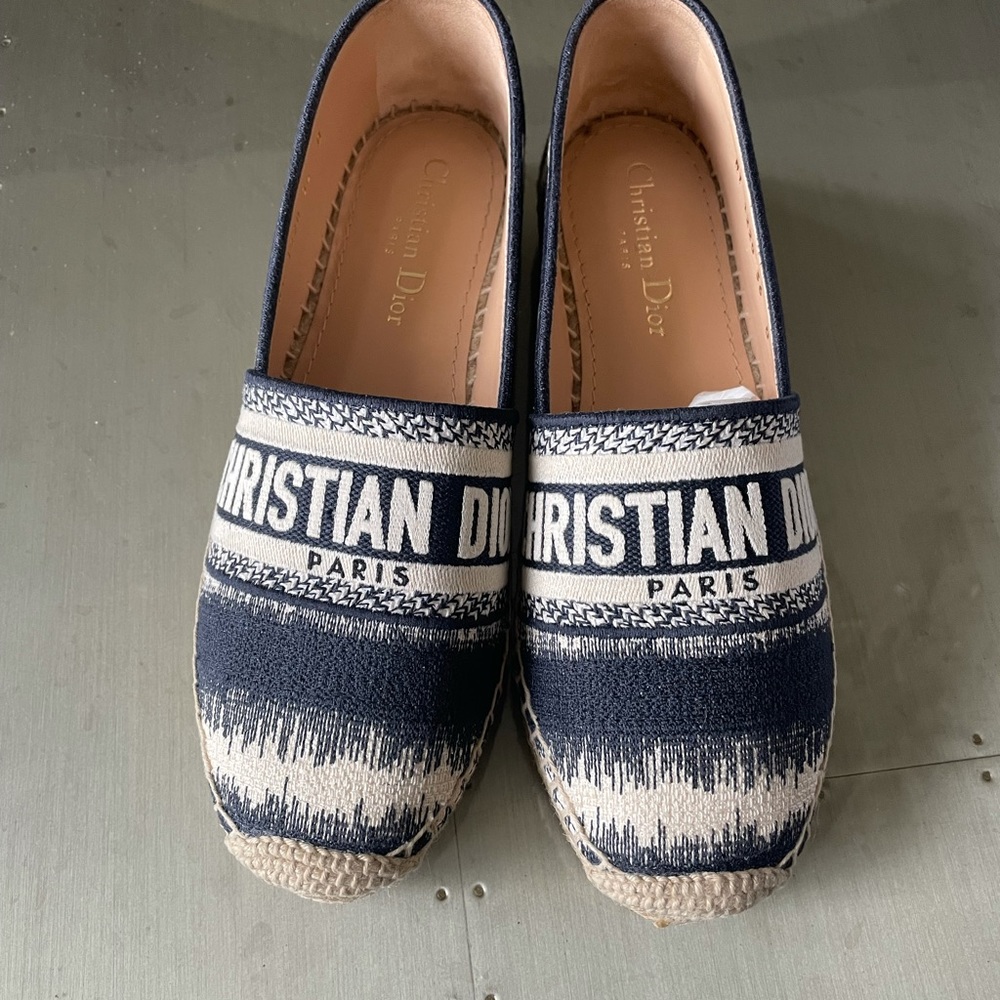 Christian Dior Granville denim blue white beige linen espadrilles flats sz 36